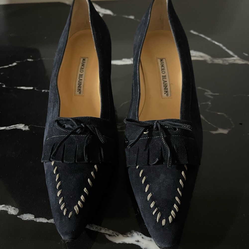 Manolo Blahnik Navy Suede Loafers with Tassel Detail